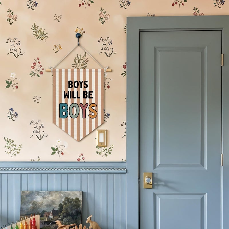 Wheatwin Boy Room Decor, Boys Will Be Boys Wall Hanging Pennant Flag Banner, Neutral Striped Kids Wall Decor for Nursery Toddler Room Bedroom Playroom 15x11 Inch - Image 2